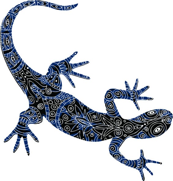 Super black-and-blue lizard with white line ornament tattoo design