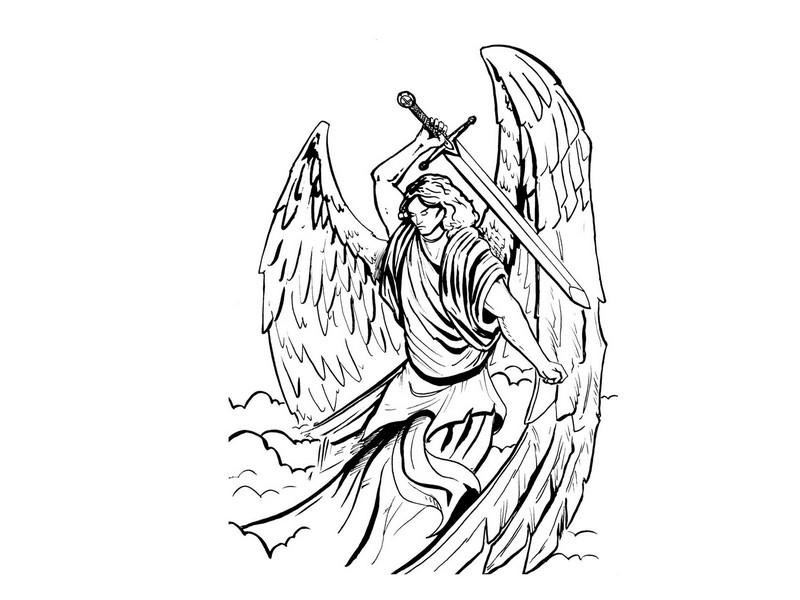 Super black-and-white angel warrior waving with a sword tattoo design