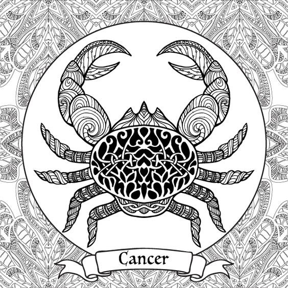 Super black-and-white ornate crab with cencer quote ribbon tattoo design