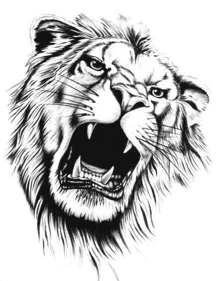 Super black-and-white roaring lion head tattoo design
