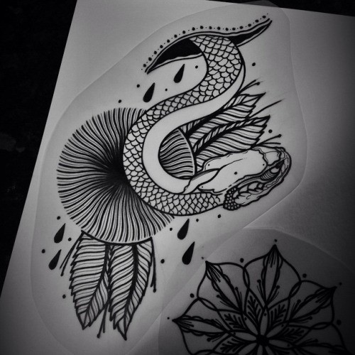 Super black-and-whiye snake and dandelion tattoo design