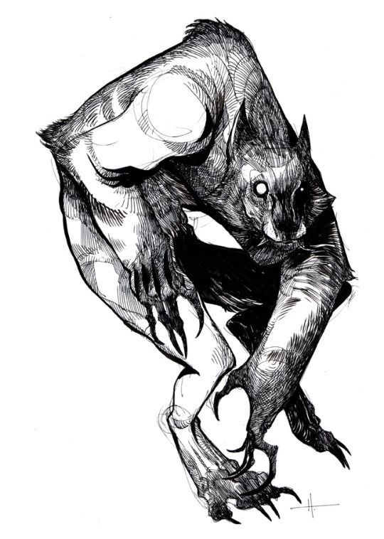 Super black-ink white-eyed werewolf tattoo design