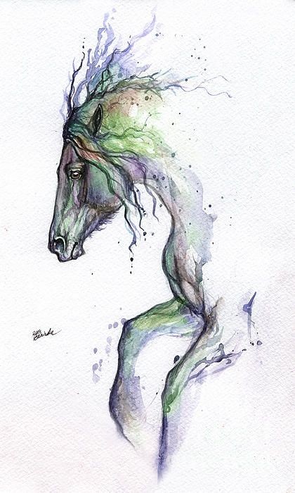 Super blue-and-green watercolor horse torso in profile tattoo design