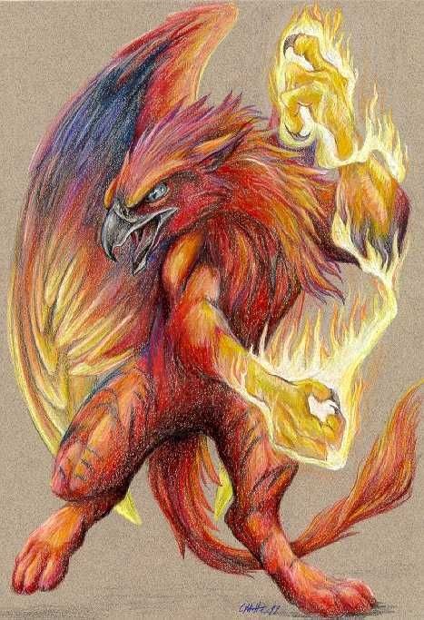 Super brigth red griffin in flame tattoo design