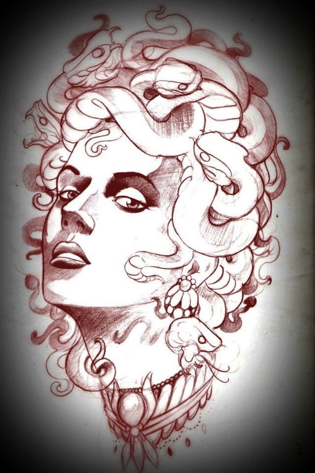 Design de tatuagem de retrato de medusa gorgona Super borgonha-tinta