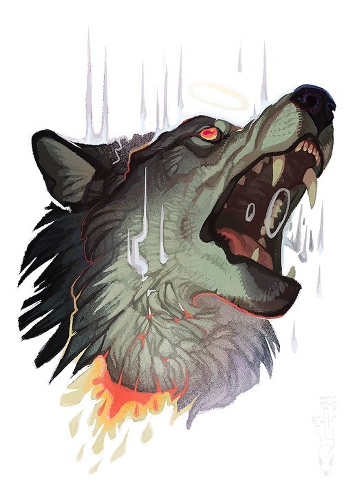 Super burning wolf head with mad eyes tattoo design