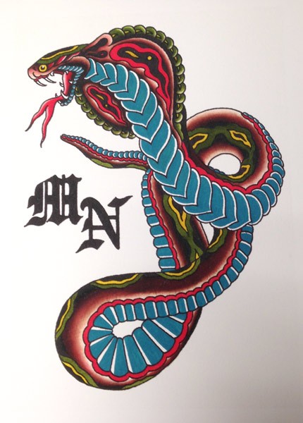 Super colorful blue-belly snake tattoo design