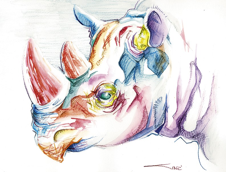 Super colorful rhino head tattoo design by Sinccolor