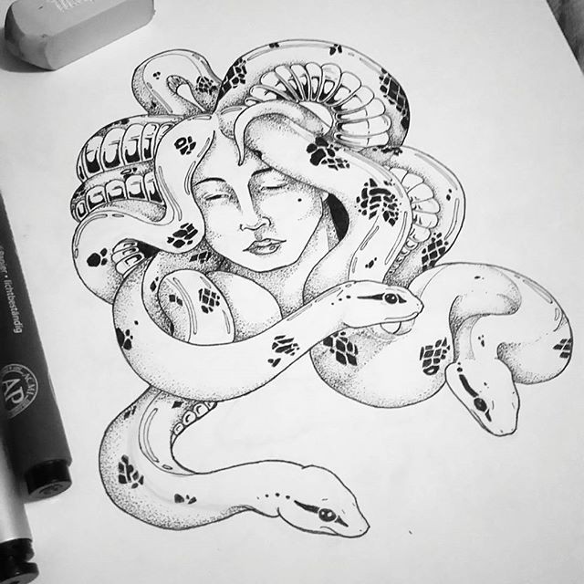 Super dotwork close-eyed medusa gorgona tattoo design