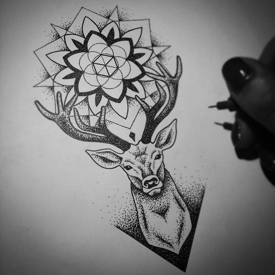 Super dotwork deer head with mandala between horns tattoo design