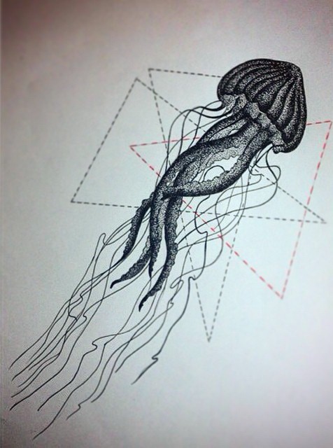 Super dotwork jellyfish on black-and-red line geometric background tattoo design