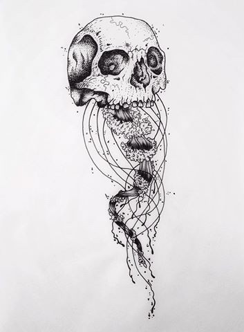 Super dotwork jellyfish with skull head tattoo design