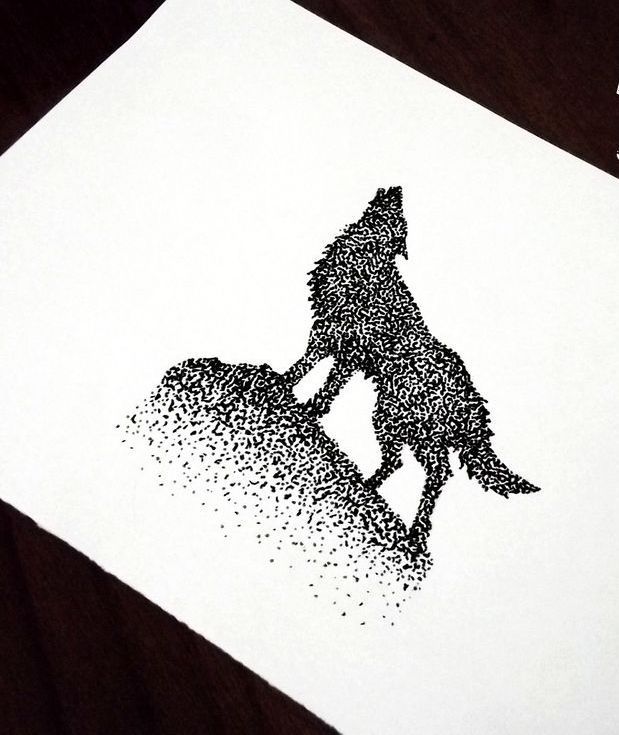 Super dotwork wolf howling on the hill tattoo design