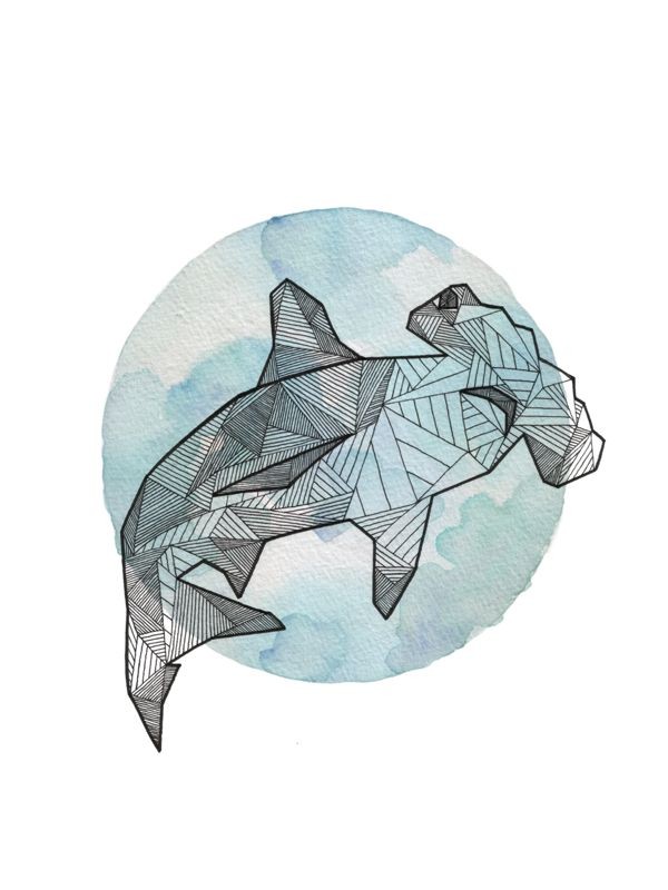 Super geometric hummer shark on blue watercolor moon baclground tattoo design