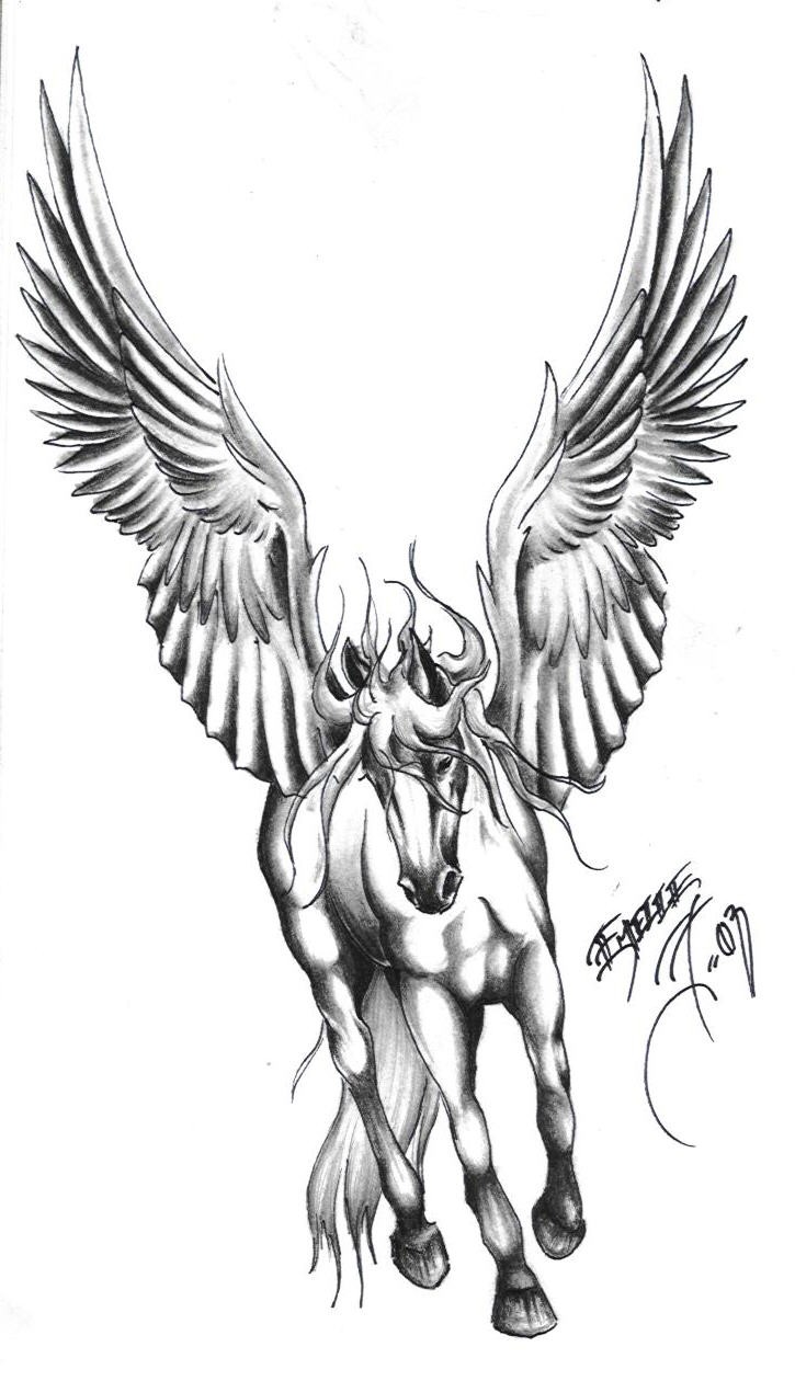 Super grey-ink running pegasus tattoo design