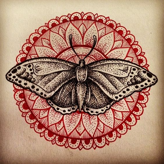 Super grey dotwork butterfly sitting on red mandala flower tattoo design
