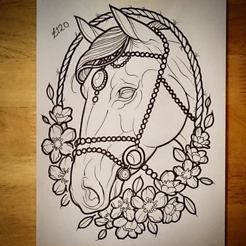 Super horse with beaded reins in flowered frame tattoo design