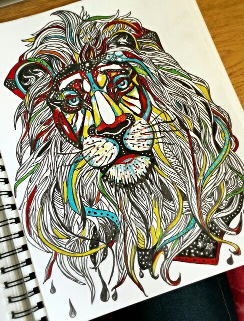 Super native amerian lion with colorful elements tattoo design