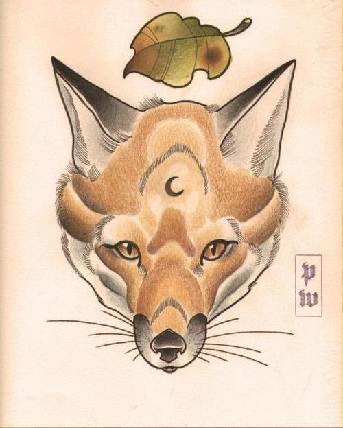 Super pale-red fox head with moon sign on forehead tattoo design