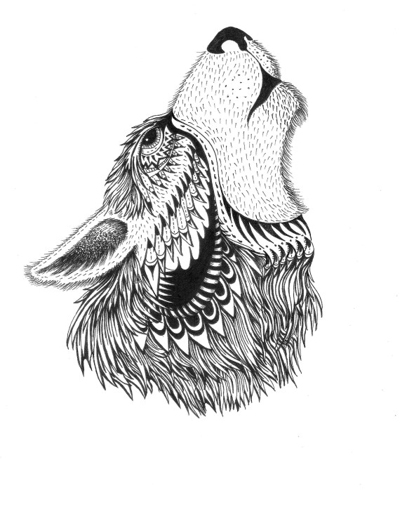 Super patterned howling wolf head tattoo design