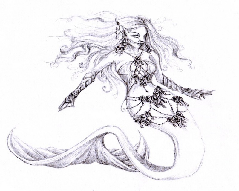 Super pencil-dawing mermaid decorated with jewells tattoo design