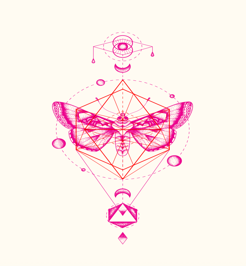 Super pink-ink moth with symmetrical geometric drawings tattoo design