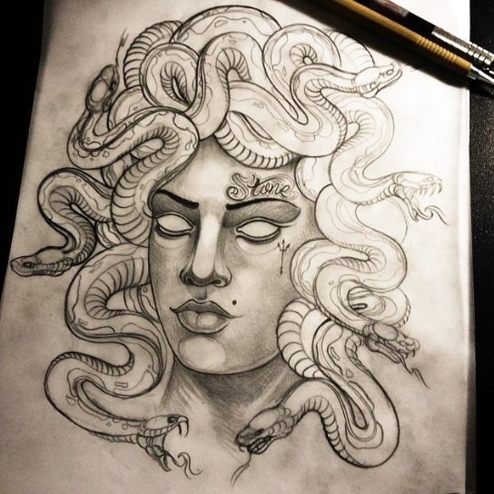 Super traditional grey-ink blind medusa gorgona tattoo design ...