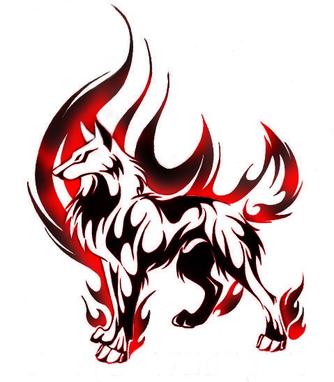 Super tribal black-and-red wolf in fire tattoo design