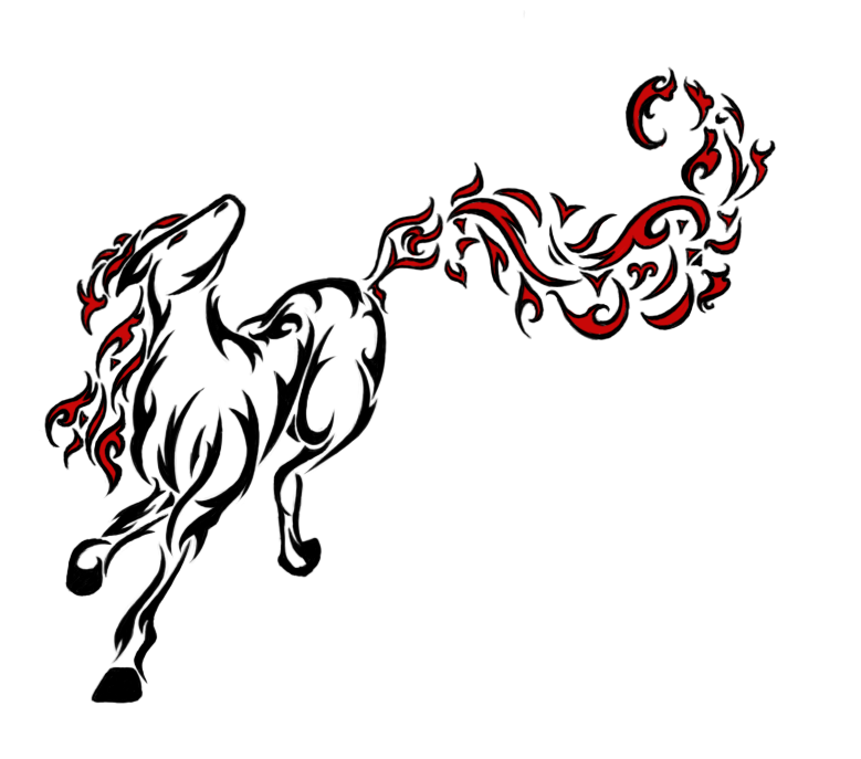 Super tribal flaming horse with red mane and tail tattoo design