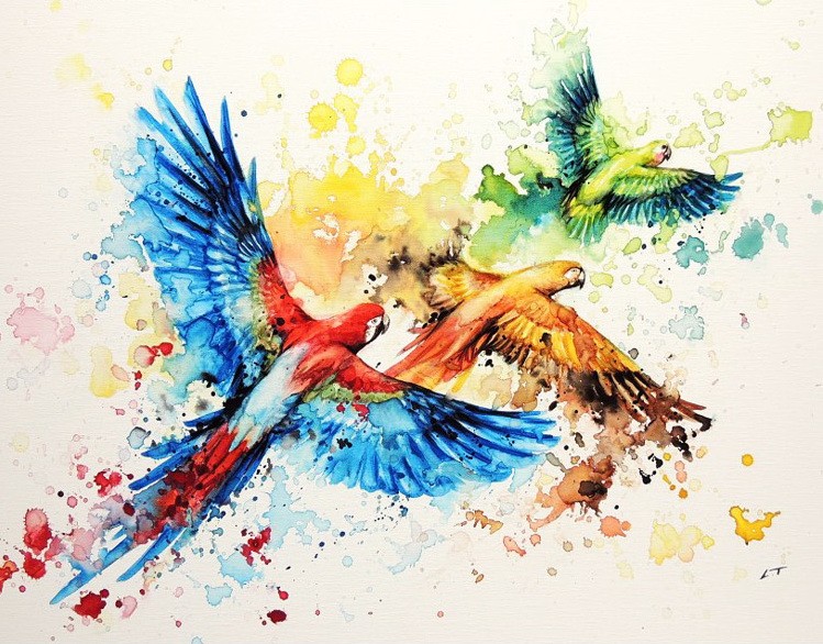 Super watercolor flying parrot flock in splashes tattoo design