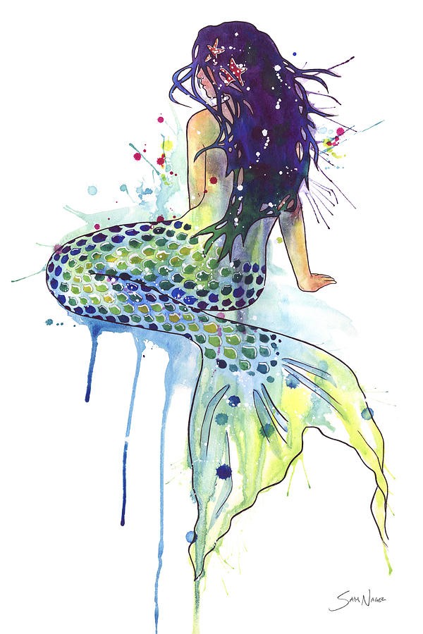 Super waterolor sitting mermaid from back tattoo design