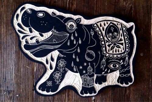 Super white-ink hippo with pretty ornament tattoo design