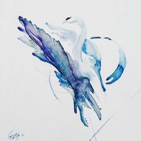Super white swan with blue watercolor splashes tattoo design