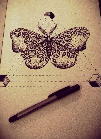 Superb geometric-patterned butterfly in triangle drawing frame tattoo design