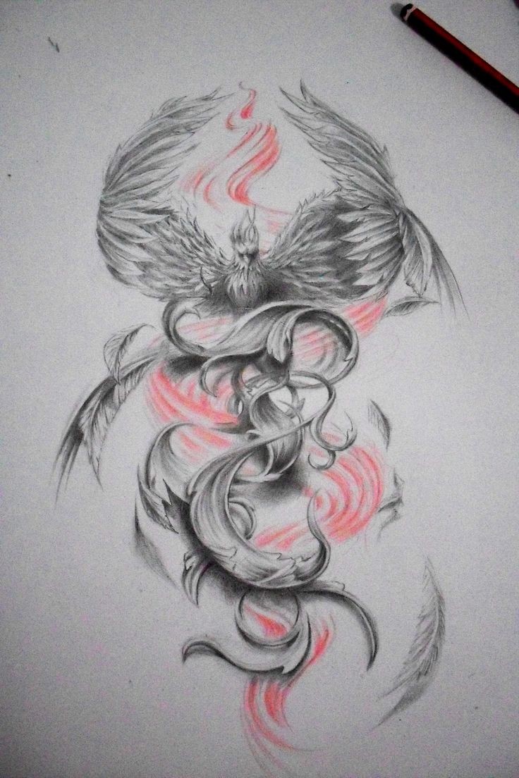 Superb grey-ink phoenix flying on red curles background tattoo design