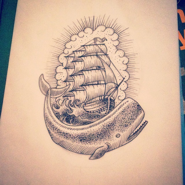 Superb grey-ink whale with huge ship on top tattoo design