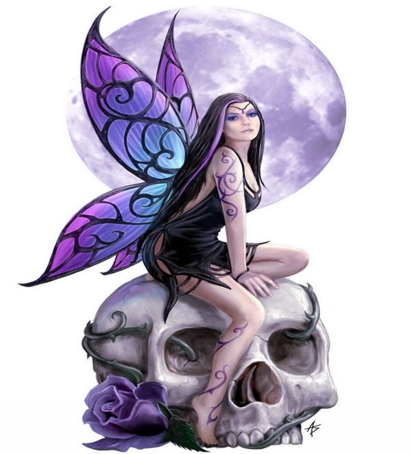 Superb purple shining fairy with huge skull and full moon tattoo design