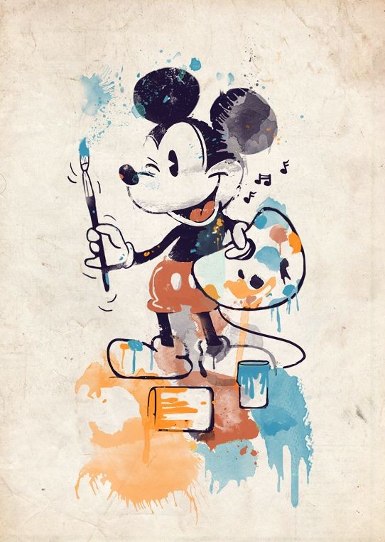 Superb watercolor Mickey Mouse with brash and paints tattoo design