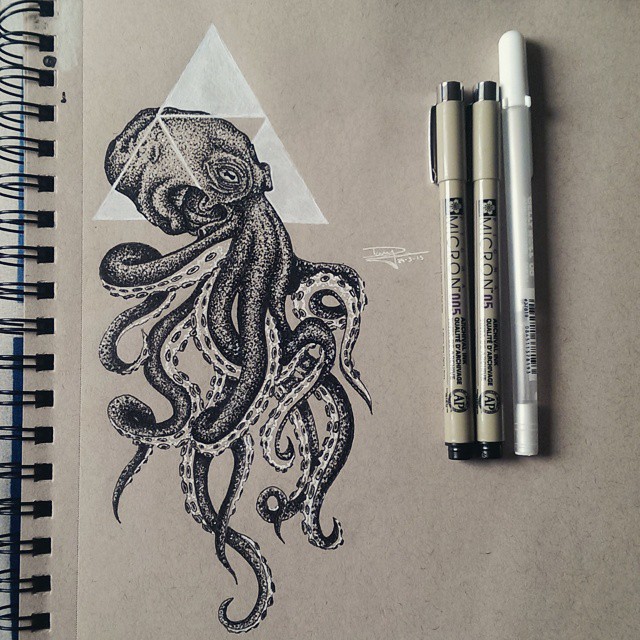 Superior dotwork octopus with white triangle drawing tattoo design