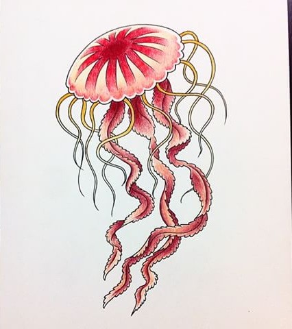 Superior red jellyfish with yellow horns tattoo design