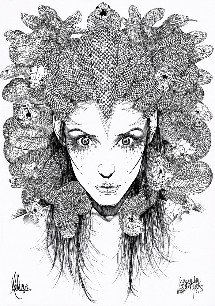 Surprised black-and-white pretty medusa gorgona face tattoo design