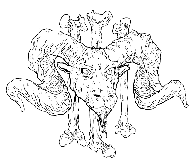 Surprised outline ram head and three bones on background tattoo design