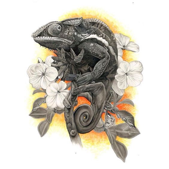 Suspicious black-ink reptile and white flower on orange shine background tattoo design