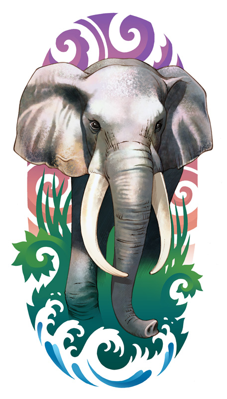 Sweet animated elephant on colorful swirly background tattoo design