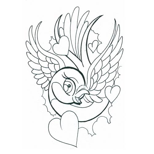Sweet animated uncolored bird with hearts tattoo design