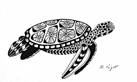 Sweet black-and-white turtle with flower patterned shell tattoo design
