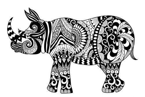 Sweet black-ink folk-patterned rhino tattoo design