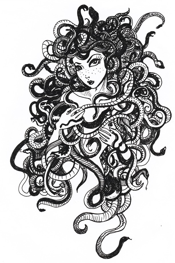 Sweet black-ink medusa gorgona with a lot of long snakes tattoo design by Koffin Kandy