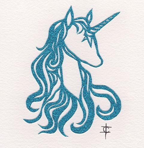Sweet blue-ink eyeless unicorn tattoo design