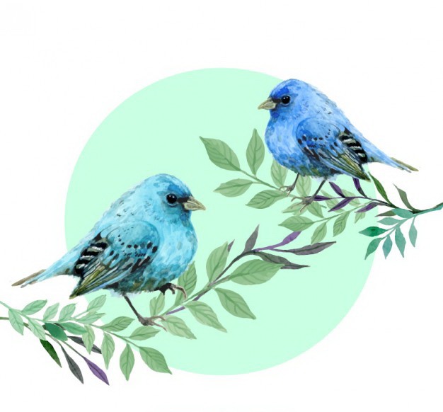 Sweet blue sparrow couple sitting on leaved branches tattoo design